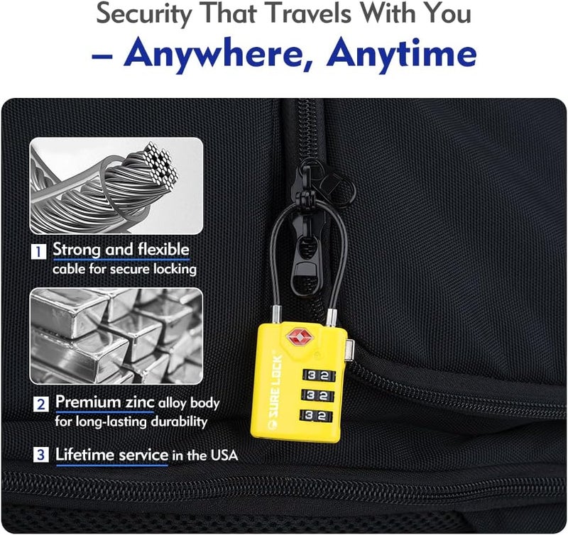 SURE LOCK TSA Approved Combination Luggage Locks with Open Alert Indicator – Durable Zinc Alloy Cable Travel Locks with Large Easy-Read Dials for Suitcases, Backpacks & Gym Bags(2, Yellow) - Image 3